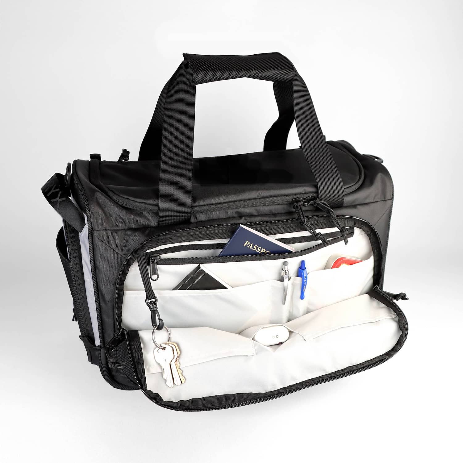 CARRYX Personal Duffel 27L under-seat personal item bag, carry-on, cabin hand luggage, no baggage fees -admin pocket airtag key leash tablet ipad sleeve