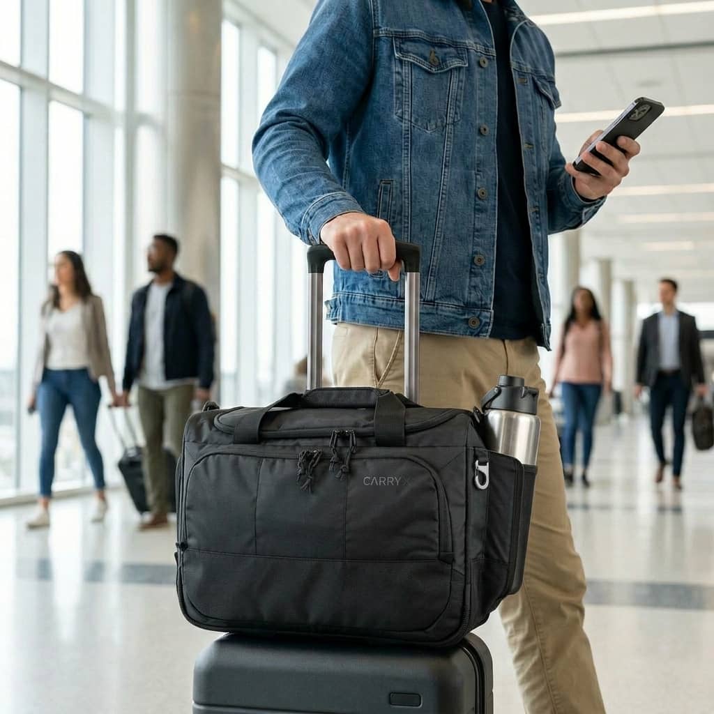 CARRYX Personal Duffel 27L personal item travel bag on top of roller bag airport