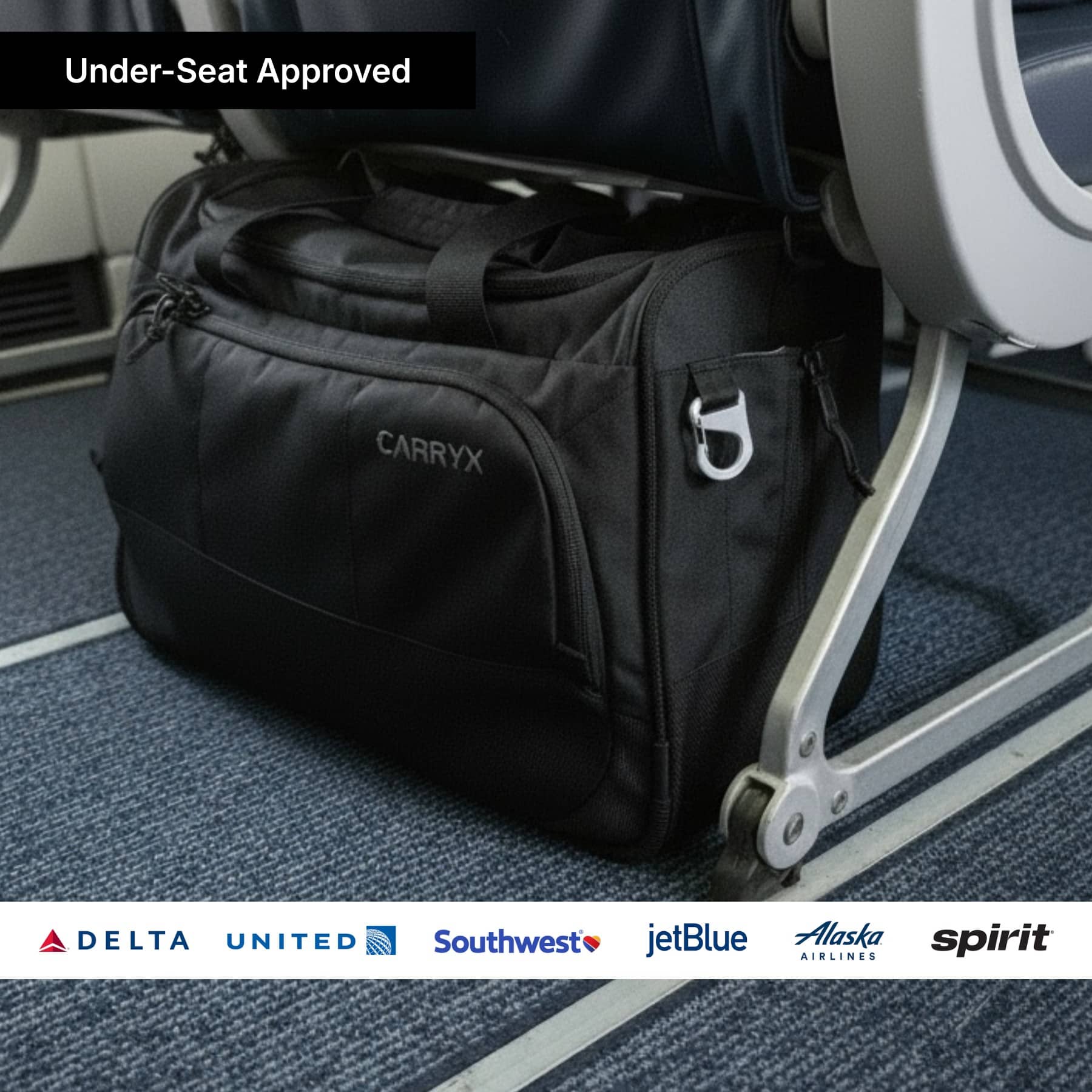 CARRYX Personal Duffel 27L under-seat personal item travel bag, carry-on, cabin hand luggage, no baggage fees - under airplane seat