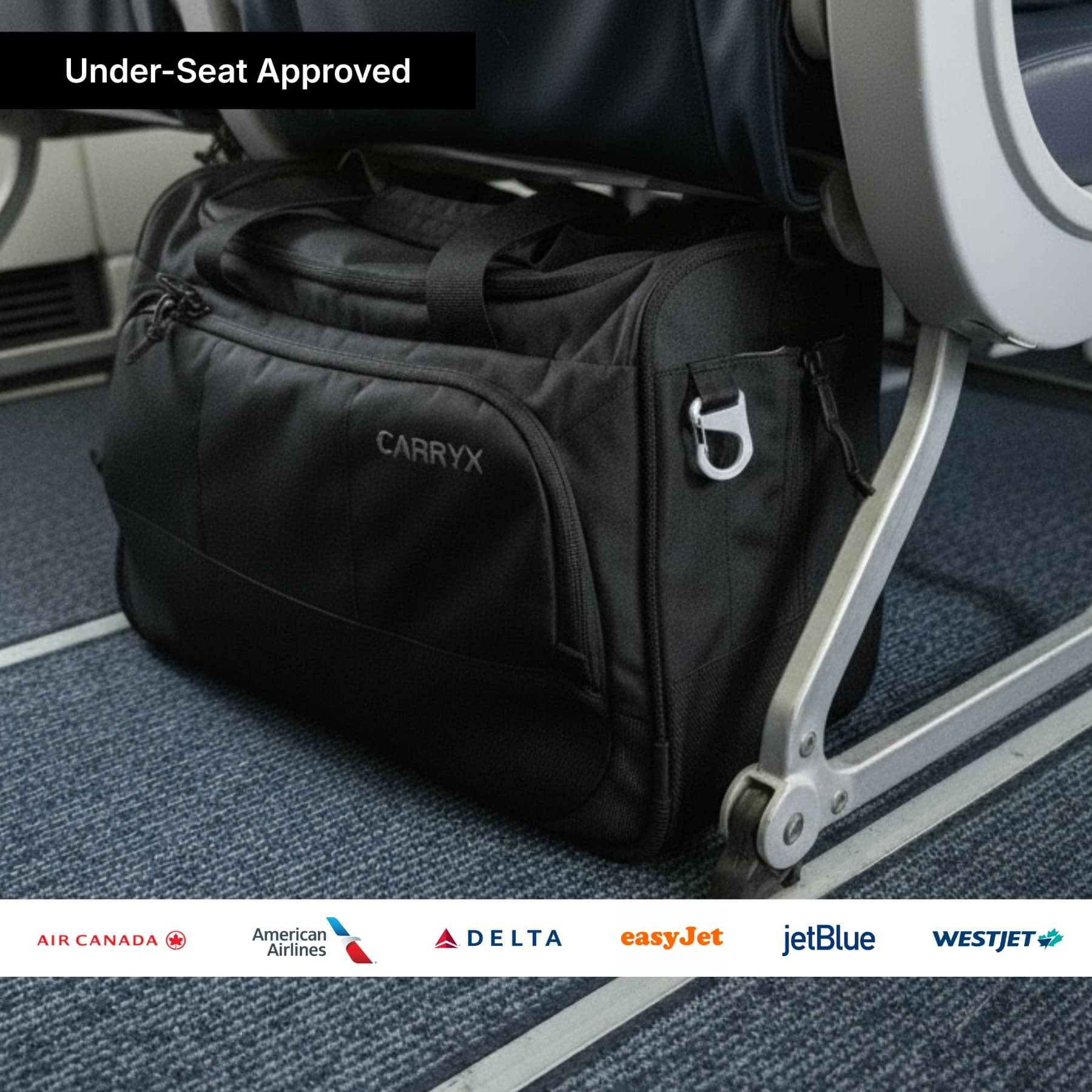 CARRYX Personal Duffel 27L under-seat personal item travel bag, carry-on, cabin hand luggage, no baggage fees - front view