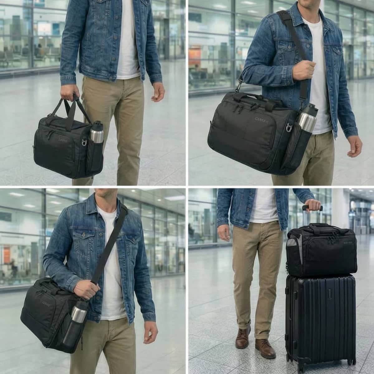 CARRYX Personal Duffel 27L under-seat personal item bag, carry-on, cabin hand luggage, no baggage fees travel bag on roller bag airport shoulder carry crossbody luggage trolley pass-through