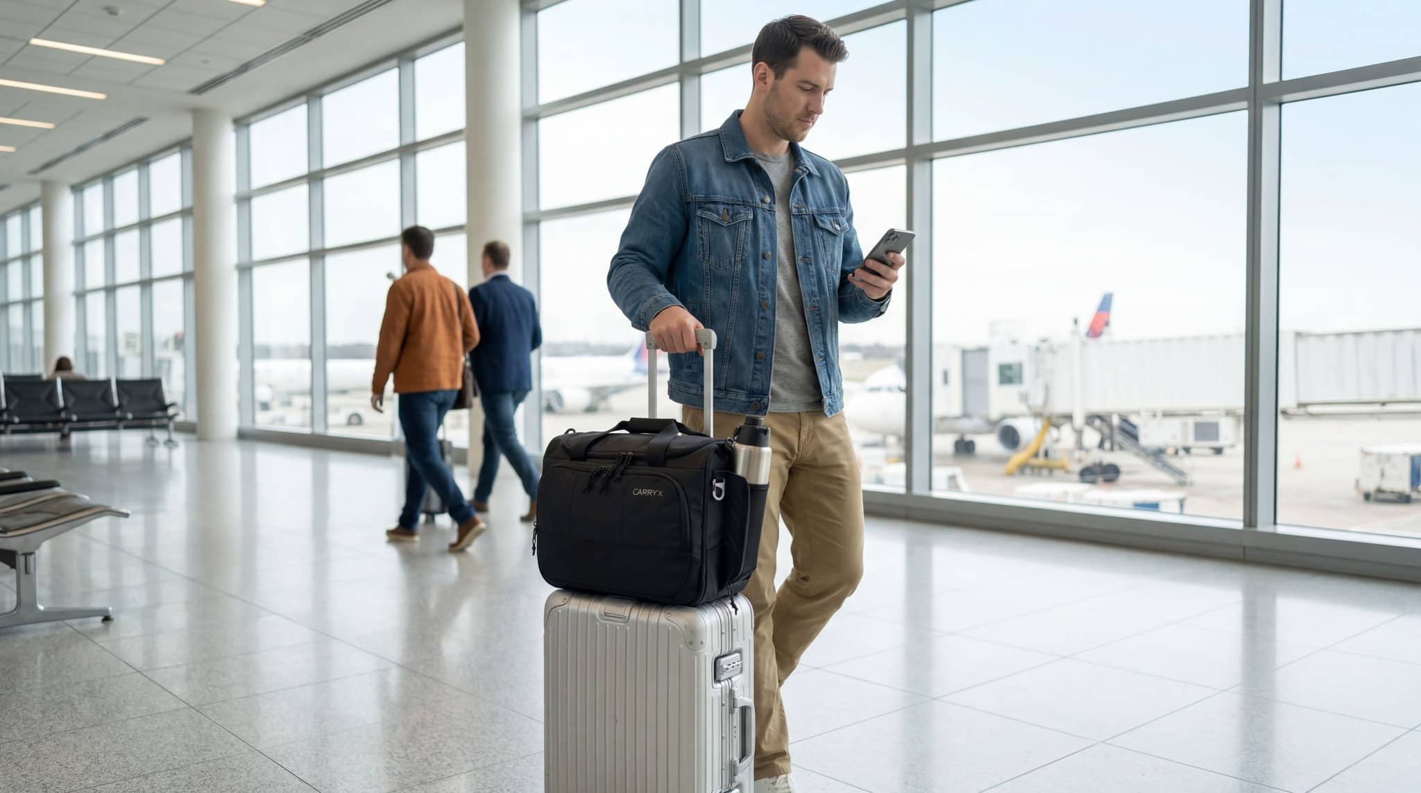 CARRYX Personal Duffel 27L, personal item travel bag, shoulder strap, laptop sleeve, water bottle pocket, carry-on, under the seat, no baggage fees, two bag travel.