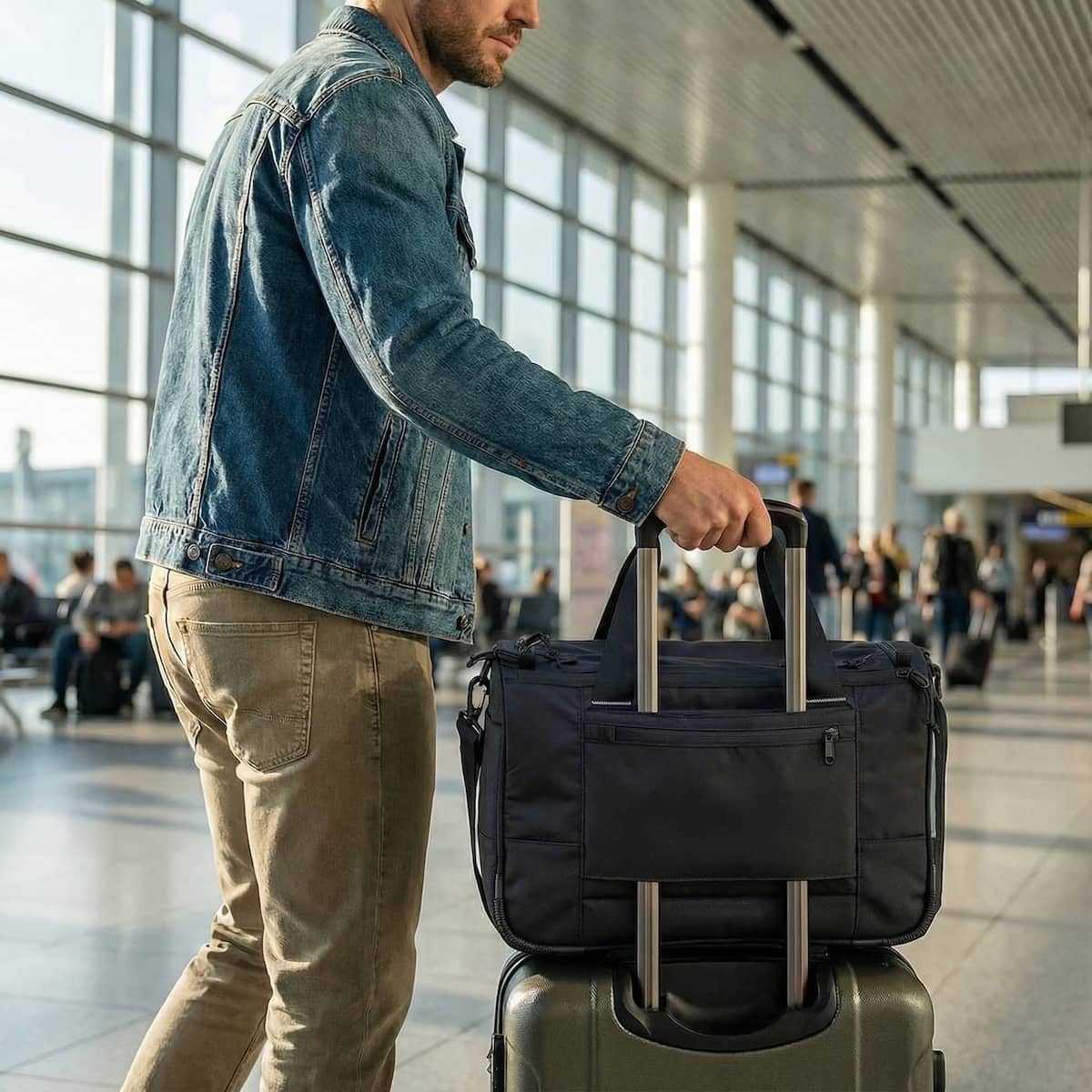 CARRYX Personal Duffel 27L under-seat personal item bag, carry-on, cabin hand luggage, no baggage fees travel bag on roller bag airport